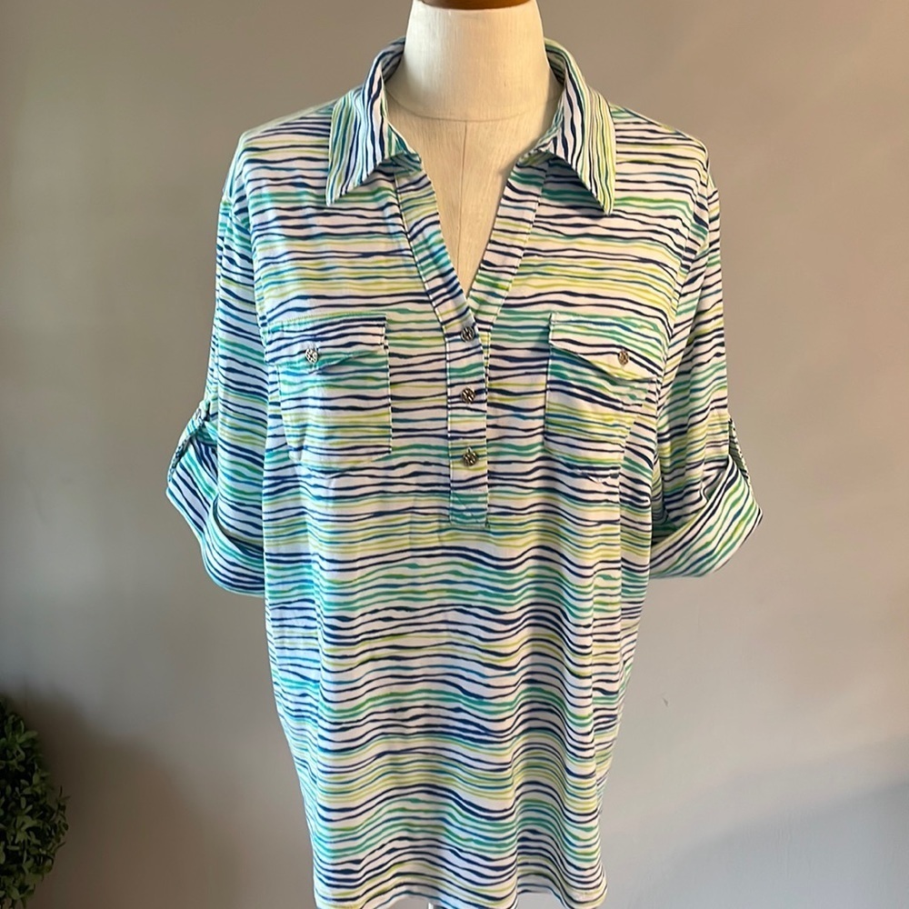 Rebecca Malone Plus Collared short sleeve cotton top 1/2 button down striped 1X